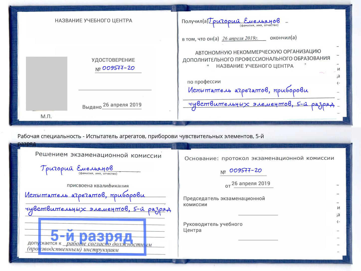 корочка 5-й разряд Испытатель агрегатов, приборови чувствительных элементов Салават