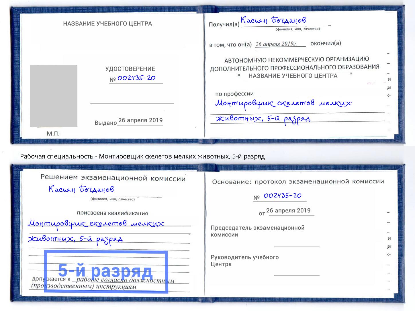 корочка 5-й разряд Монтировщик скелетов мелких животных Салават