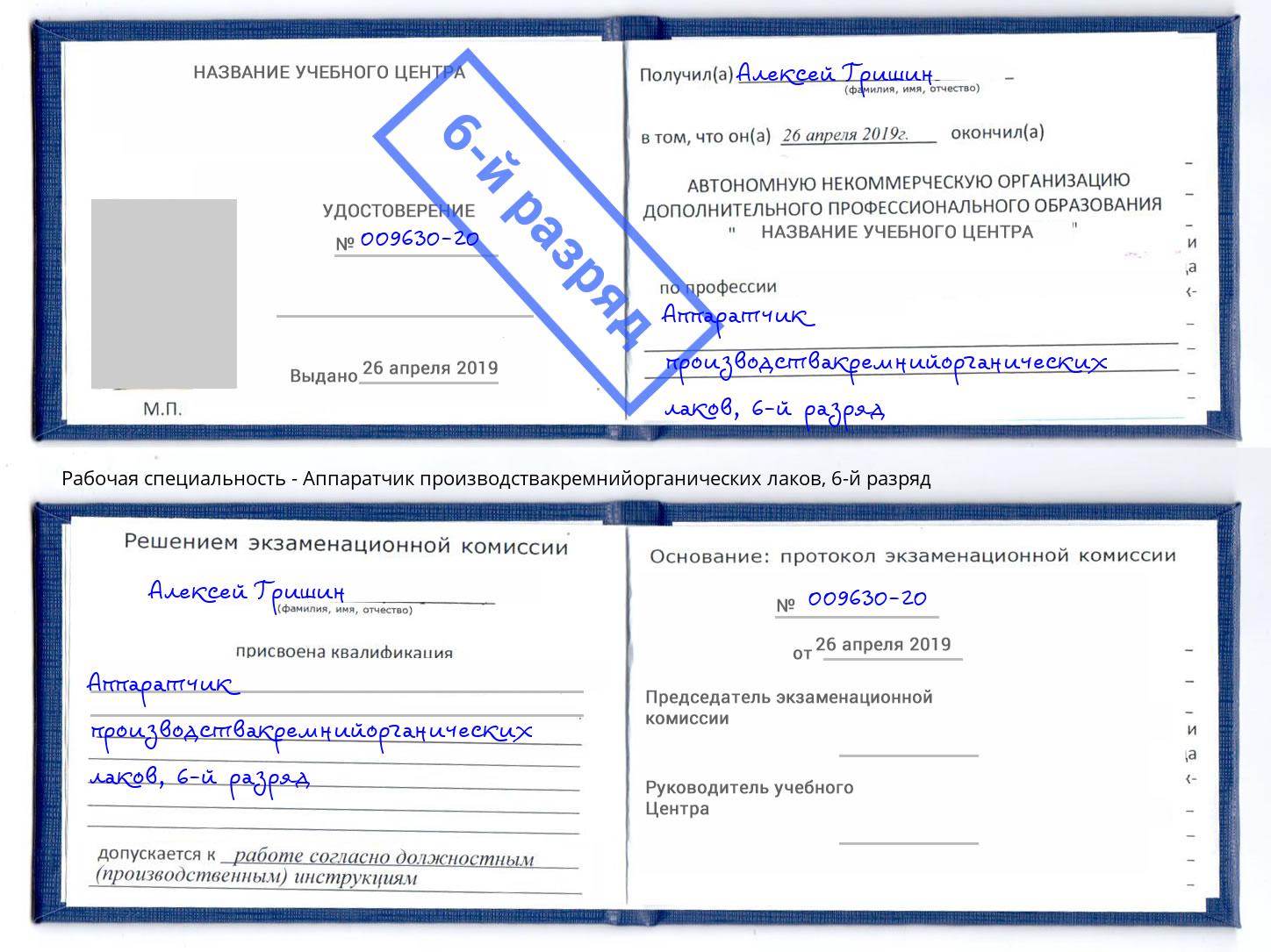 корочка 6-й разряд Аппаратчик производствакремнийорганических лаков Салават